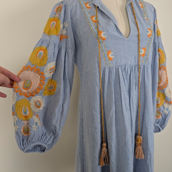 Zara Women Gingham Embroidered Mini Dress Long Sleeve Tassels Lantern Sleeve - Picture 11 of 15